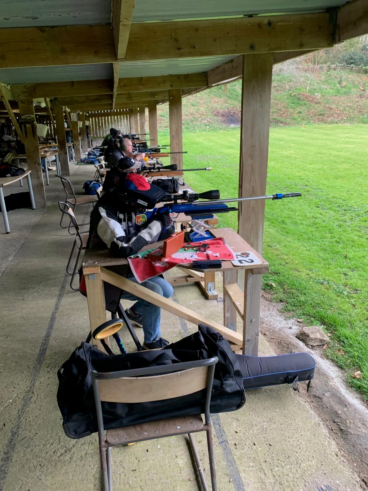 Benchrest shooter on the firing line at the Pinhoe TSC Bunny Shoot 2025.